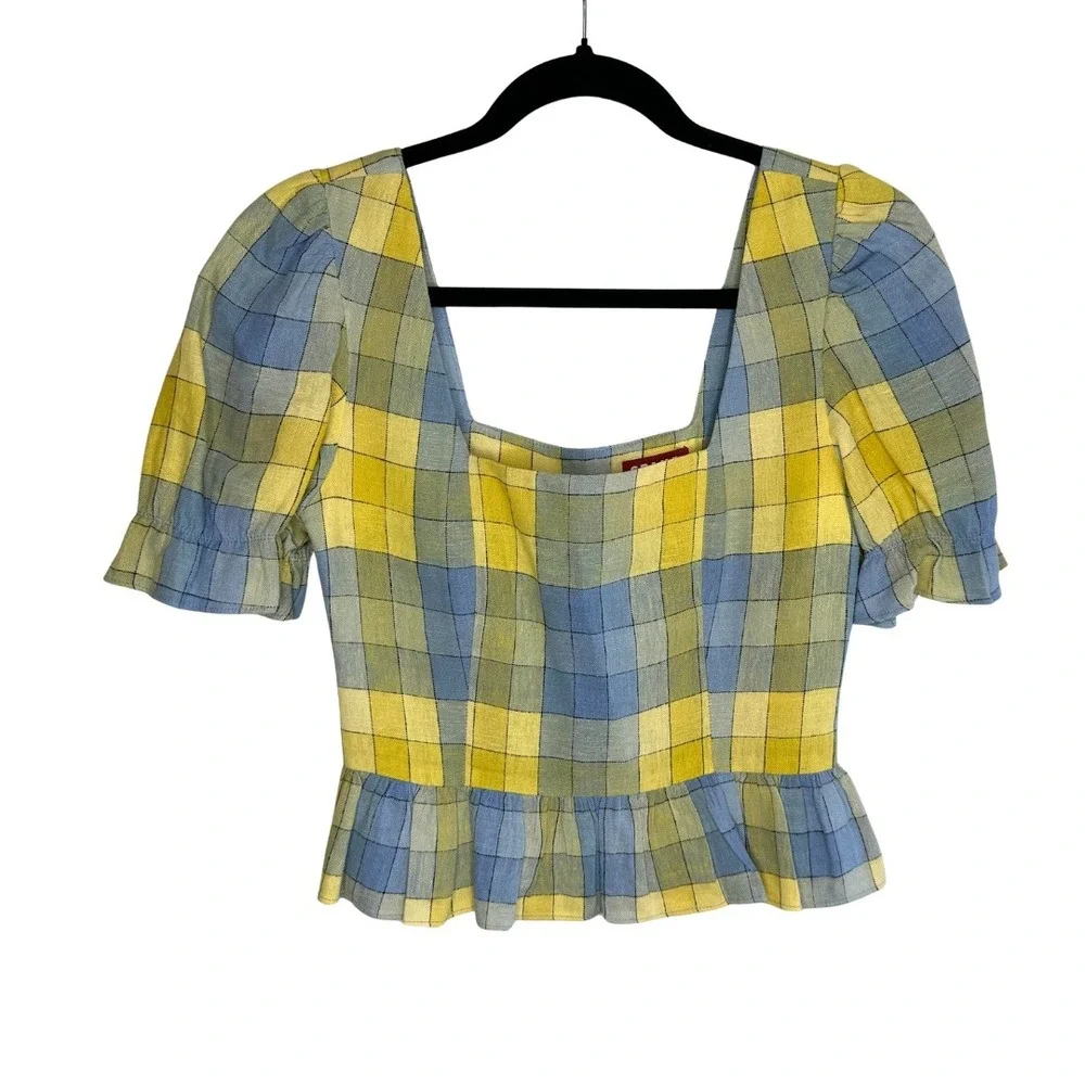 STAUD Dock Top in Coastal Blue Check Size 0 NWOT Plaid Peplum‎ Top Linen Blend
